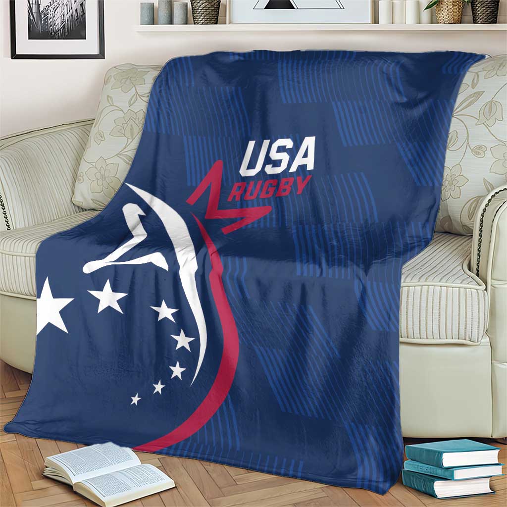 Blue USA Rugby blanket covering a cream sofa, with eagle and USA circular star design.