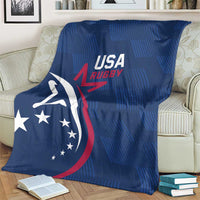 Blue USA Rugby blanket covering a cream sofa, with eagle and USA circular star design.