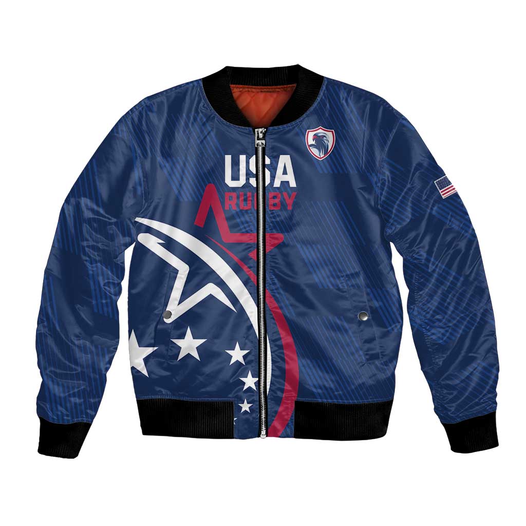 Blue USA rugby bomber jacket, zip front, embroidered crest and eagle graphic
