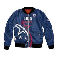 Blue USA rugby bomber jacket, zip front, embroidered crest and eagle graphic