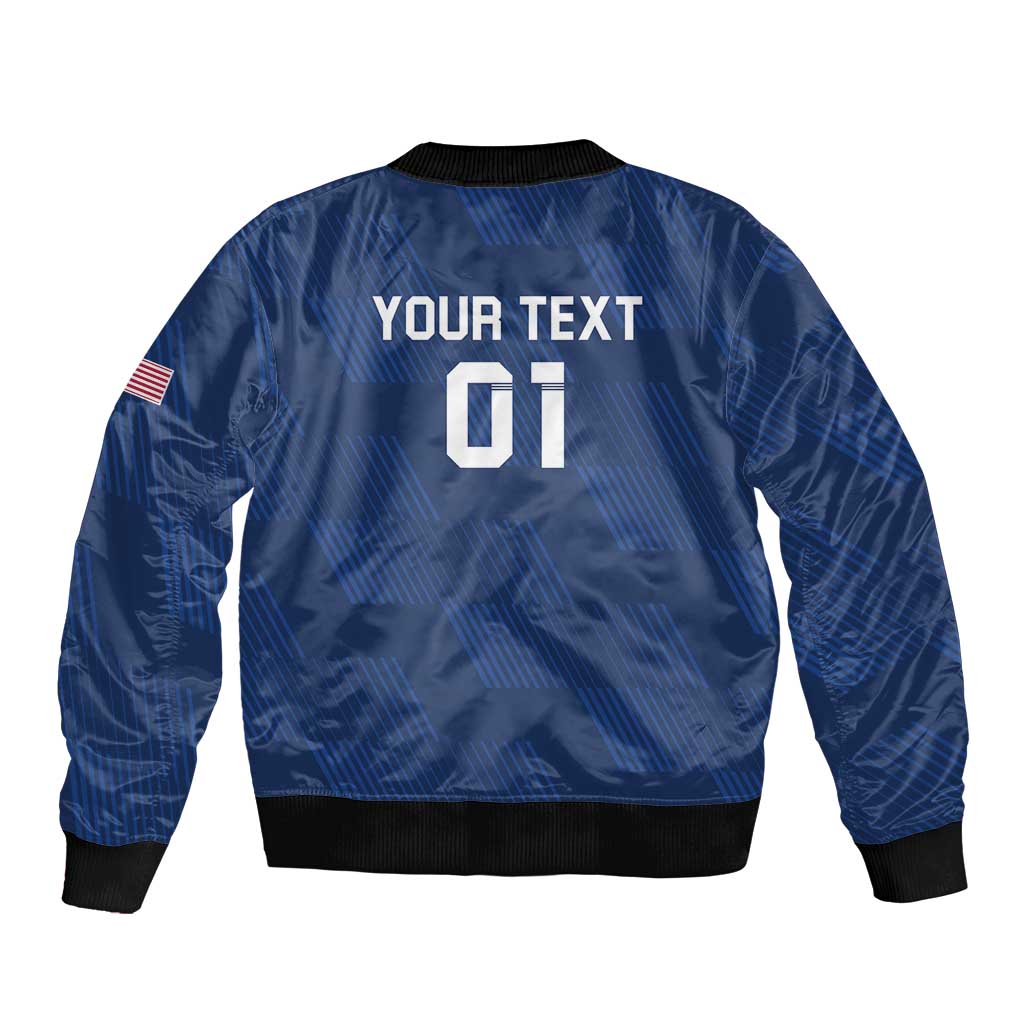 Blue bomber jacket, back graphic with number 01 and flag patch, ribbed cuffs