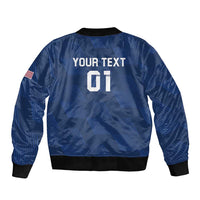 Blue bomber jacket, back graphic with number 01 and flag patch, ribbed cuffs