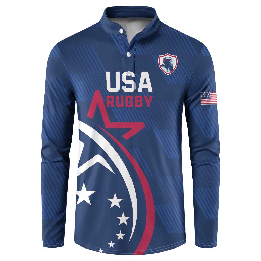 Blue USA Rugby button sweatshirt with crest, striped pattern, American flag patch