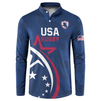 Blue USA Rugby button sweatshirt with crest, striped pattern, American flag patch