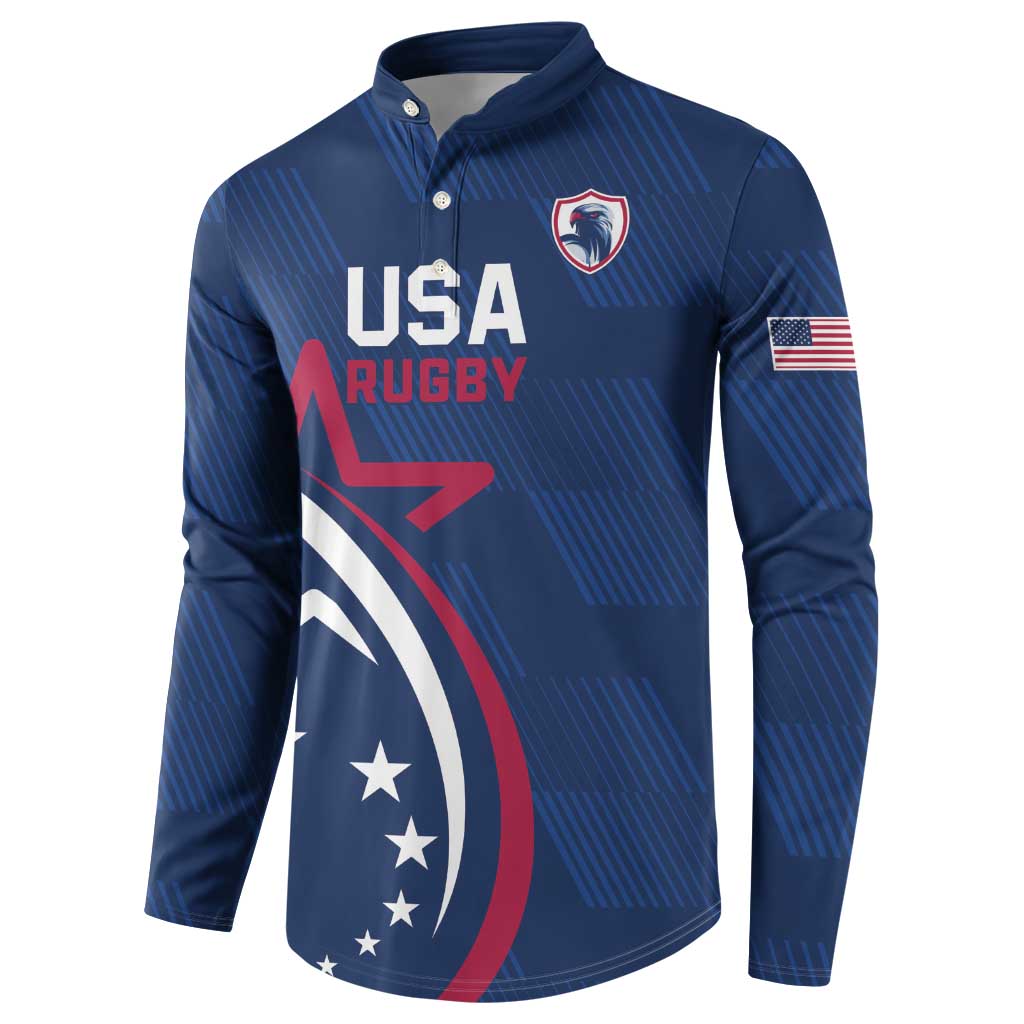 Blue USA Rugby button sweatshirt with crest logo and American flag sleeve patch