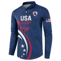 Blue USA Rugby button sweatshirt with crest logo and American flag sleeve patch