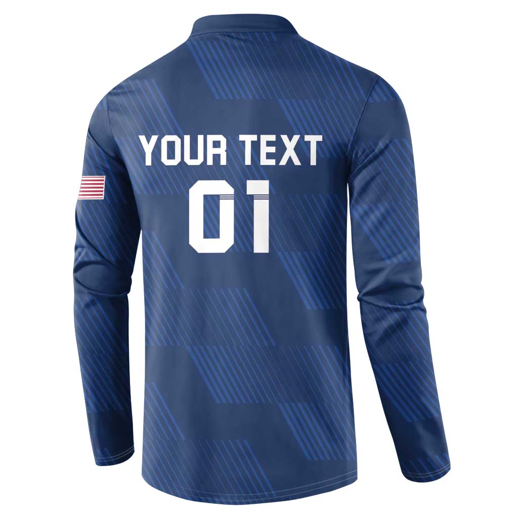Blue rugby button sweatshirt back with large YOUR TEXT 01 graphic