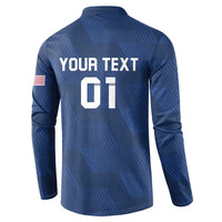 Blue rugby button sweatshirt back with large YOUR TEXT 01 graphic
