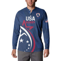 Blue USA Rugby long-sleeve button sweatshirt with crest and flag sleeve patch