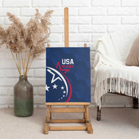 Blue USA Rugby canvas wall art on easel, USA text and star emblem with red accents