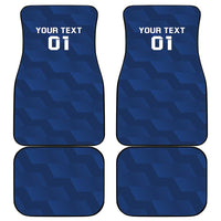 Set of four blue car mats with border, “YOUR TEXT 01” on top two mats