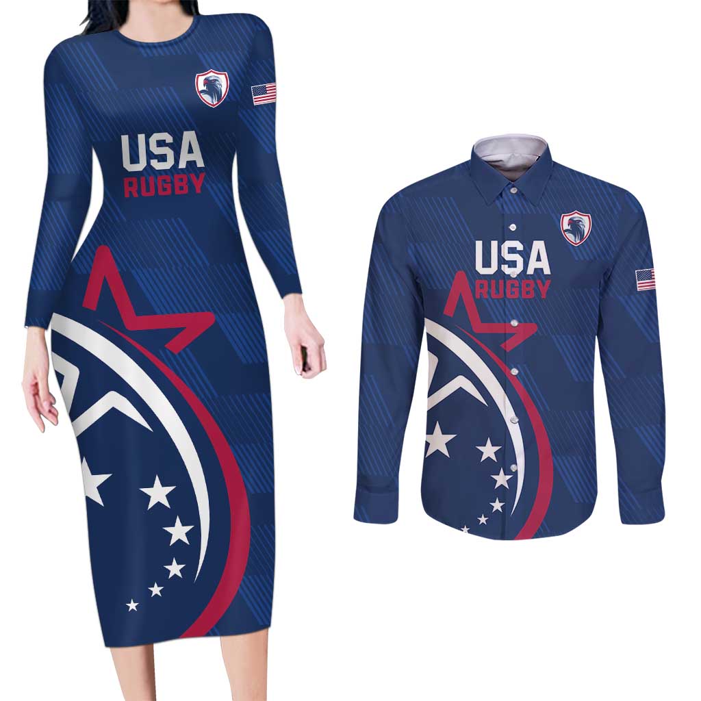 USA 2024 Rugby Couples Matching Long Sleeve Bodycon Dress and Long Sleeve Button Shirt Soar Like an Eagle Blue Version - Wonder Print Shop