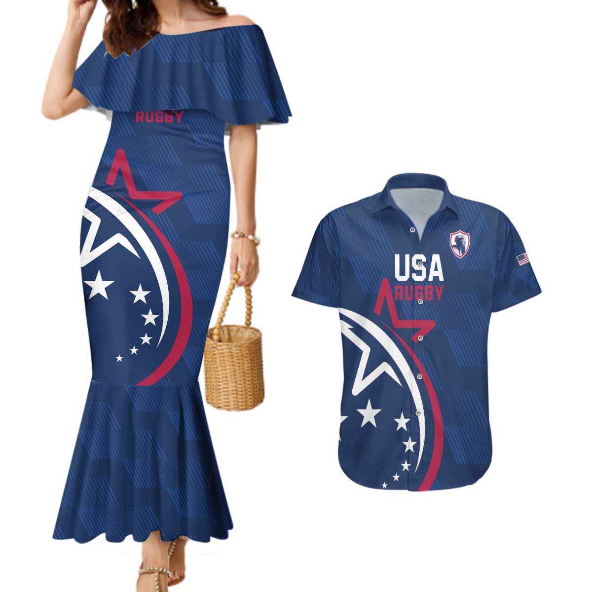 USA 2024 Rugby Couples Matching Mermaid Dress and Hawaiian Shirt Soar Like an Eagle Blue Version - Wonder Print Shop