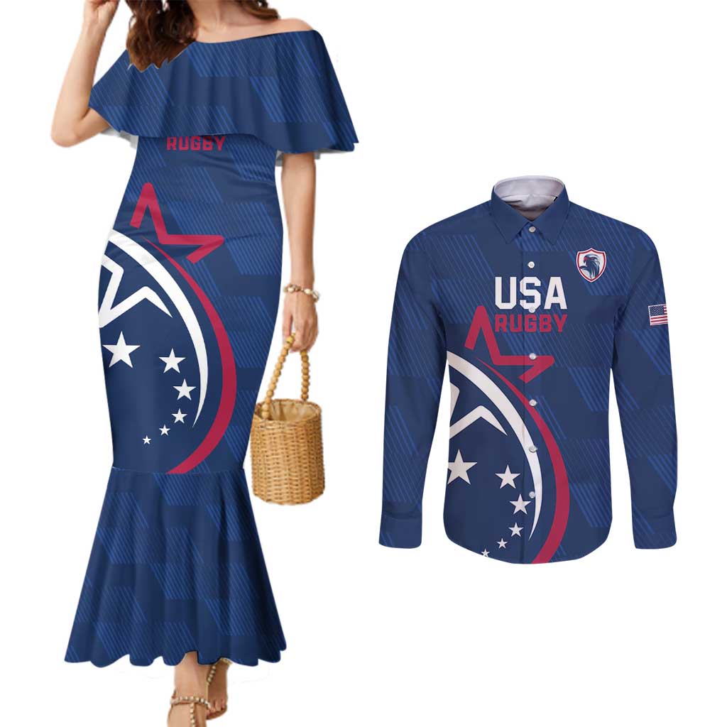 USA 2024 Rugby Couples Matching Mermaid Dress and Long Sleeve Button Shirt Soar Like an Eagle Blue Version