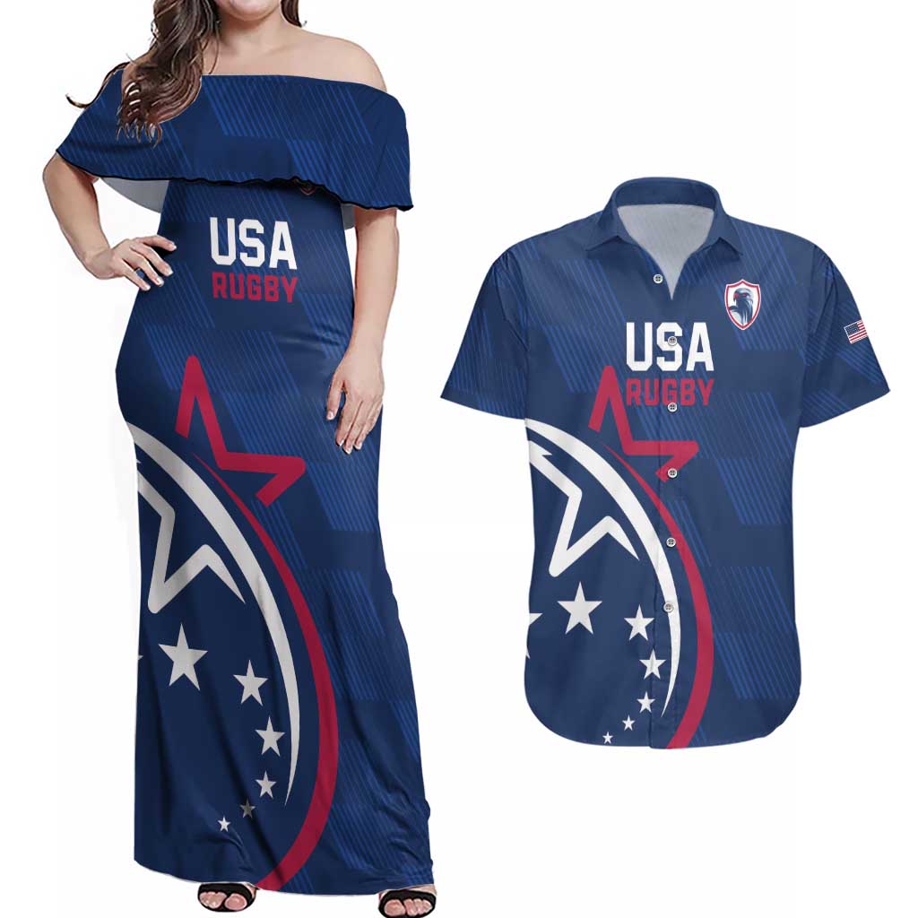 USA 2024 Rugby Couples Matching Off Shoulder Maxi Dress and Hawaiian Shirt Soar Like an Eagle Blue Version - Wonder Print Shop