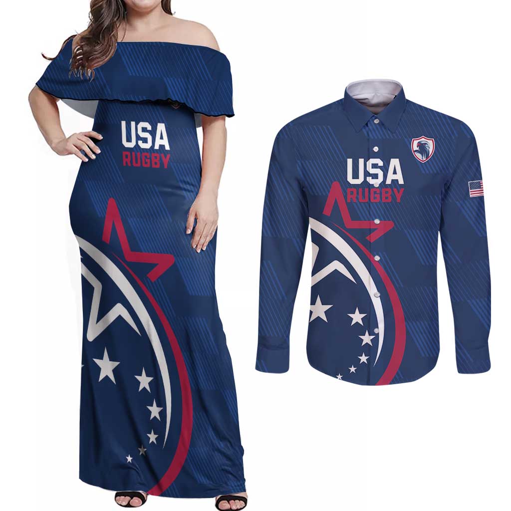 USA 2024 Rugby Couples Matching Off Shoulder Maxi Dress and Long Sleeve Button Shirt Soar Like an Eagle Blue Version - Wonder Print Shop