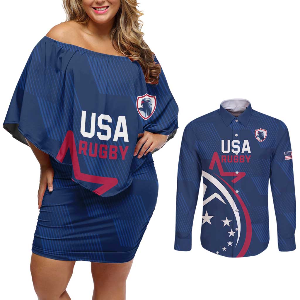 USA 2024 Rugby Couples Matching Off Shoulder Short Dress and Long Sleeve Button Shirt Soar Like an Eagle Blue Version - Wonder Print Shop