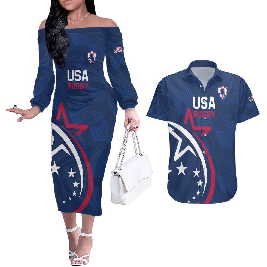 USA 2024 Rugby Couples Matching Off The Shoulder Long Sleeve Dress and Hawaiian Shirt Soar Like an Eagle Blue Version - Wonder Print Shop