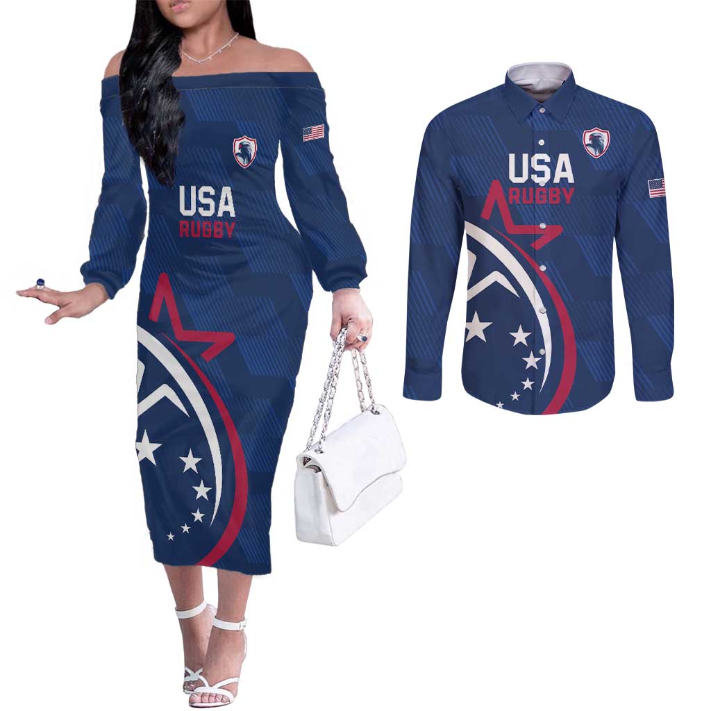 USA 2024 Rugby Couples Matching Off The Shoulder Long Sleeve Dress and Long Sleeve Button Shirt Soar Like an Eagle Blue Version