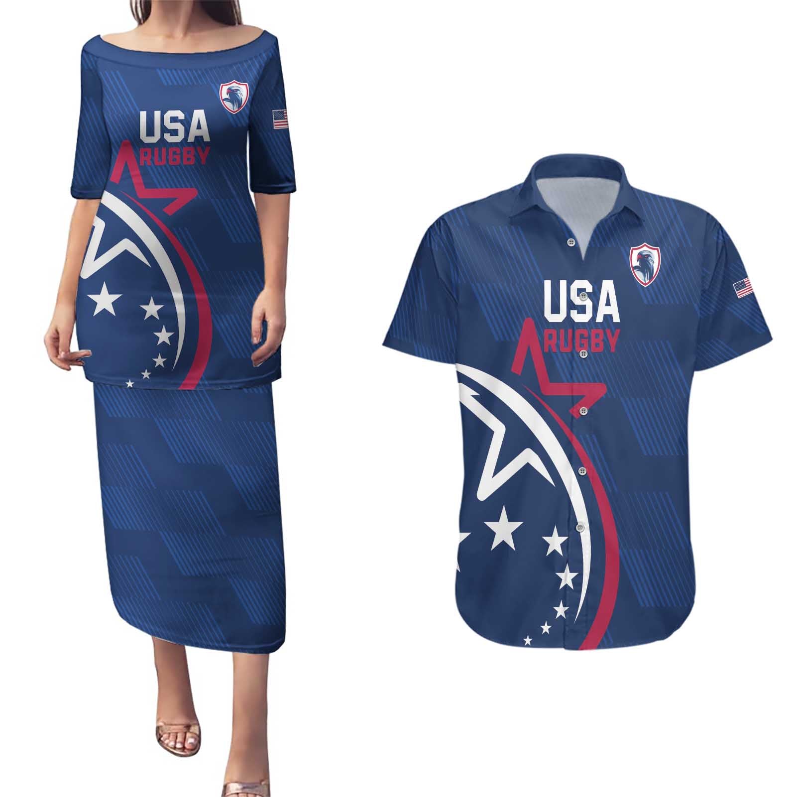 USA 2024 Rugby Couples Matching Puletasi and Hawaiian Shirt Soar Like an Eagle Blue Version - Wonder Print Shop