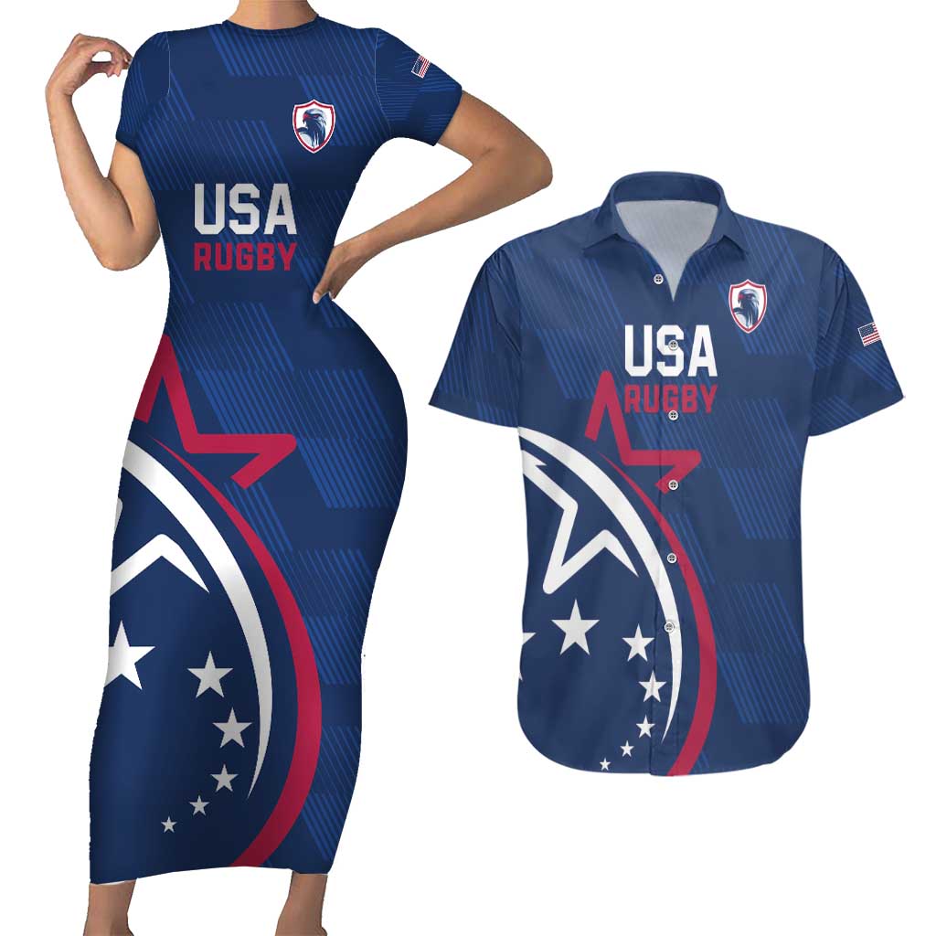 USA 2024 Rugby Couples Matching Short Sleeve Bodycon Dress and Hawaiian Shirt Soar Like an Eagle Blue Version - Wonder Print Shop