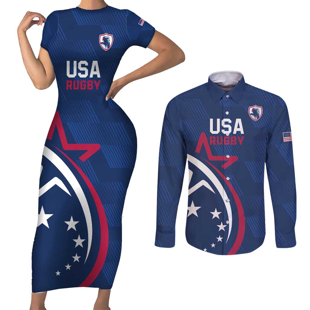 USA 2024 Rugby Couples Matching Short Sleeve Bodycon Dress and Long Sleeve Button Shirt Soar Like an Eagle Blue Version - Wonder Print Shop