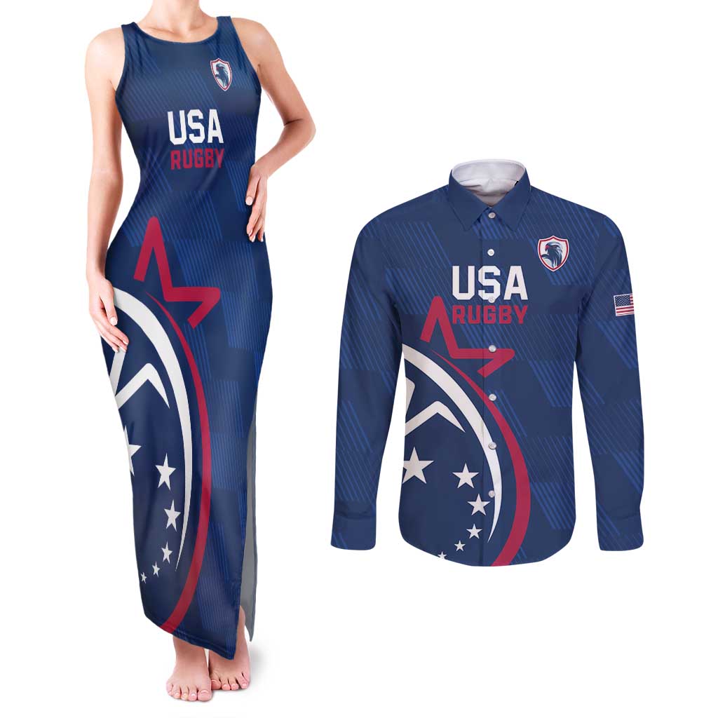 USA 2024 Rugby Couples Matching Tank Maxi Dress and Long Sleeve Button Shirt Soar Like an Eagle Blue Version - Wonder Print Shop