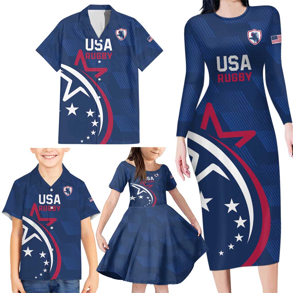 USA 2024 Rugby Family Matching Long Sleeve Bodycon Dress and Hawaiian Shirt Soar Like an Eagle Blue Version - Wonder Print Shop