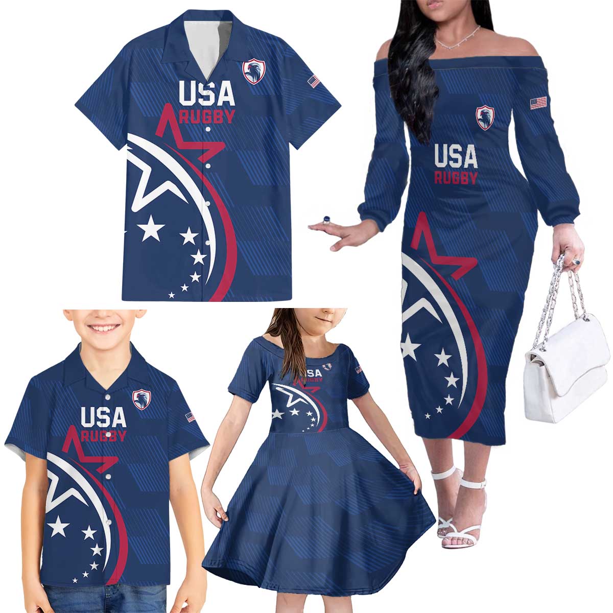 USA 2024 Rugby Family Matching Off The Shoulder Long Sleeve Dress and Hawaiian Shirt Soar Like an Eagle Blue Version - Wonder Print Shop