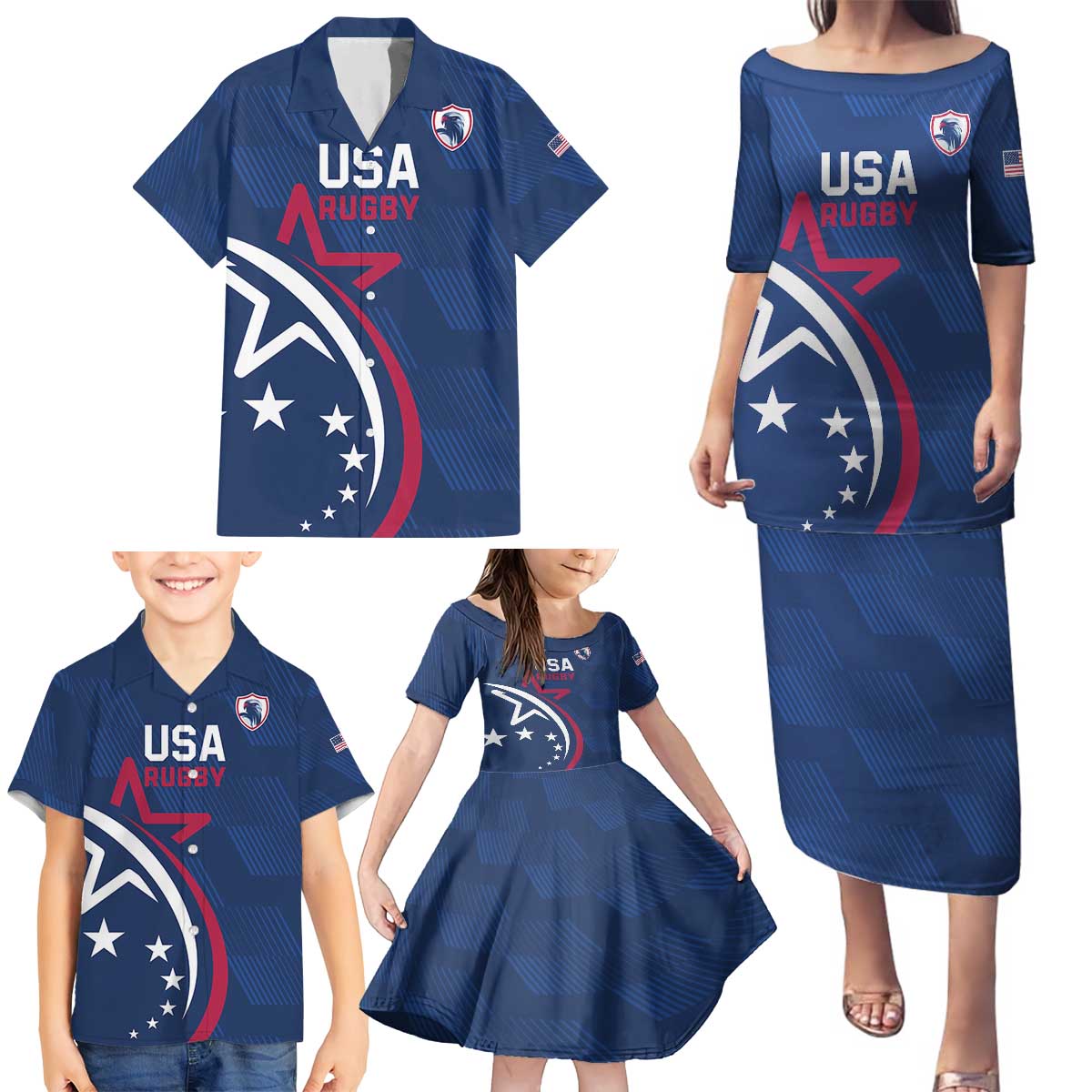 USA 2024 Rugby Family Matching Puletasi and Hawaiian Shirt Soar Like an Eagle Blue Version - Wonder Print Shop