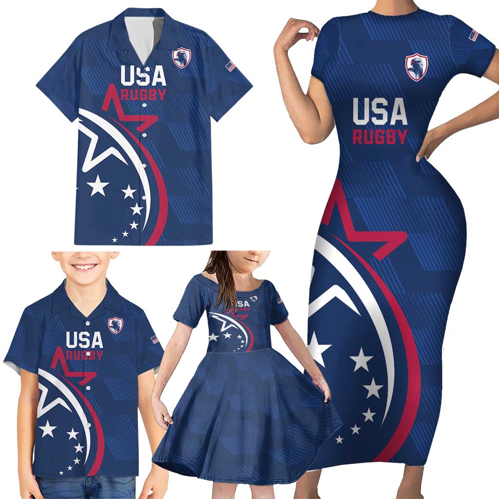 USA 2024 Rugby Family Matching Short Sleeve Bodycon Dress and Hawaiian Shirt Soar Like an Eagle Blue Version - Wonder Print Shop