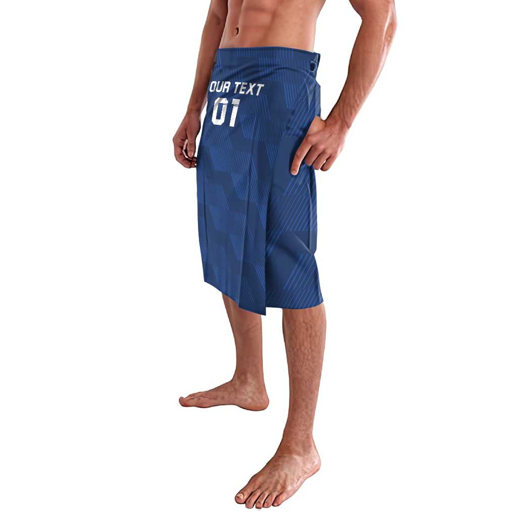 Blue patterned rugby lavalava with “YOUR TEXT 01” graphic, elastic waist, side slit