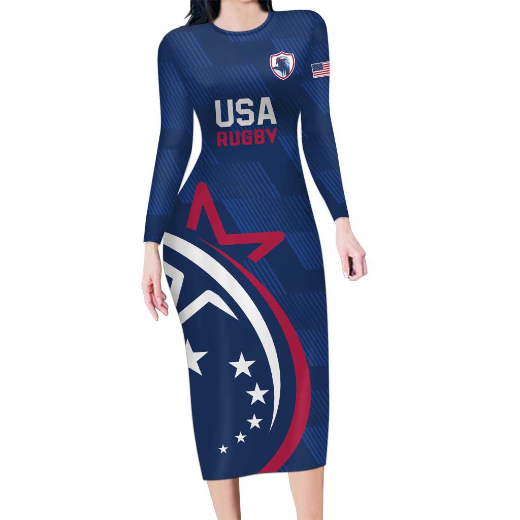 USA 2024 Rugby Long Sleeve Bodycon Dress Soar Like an Eagle Blue Version - Wonder Print Shop