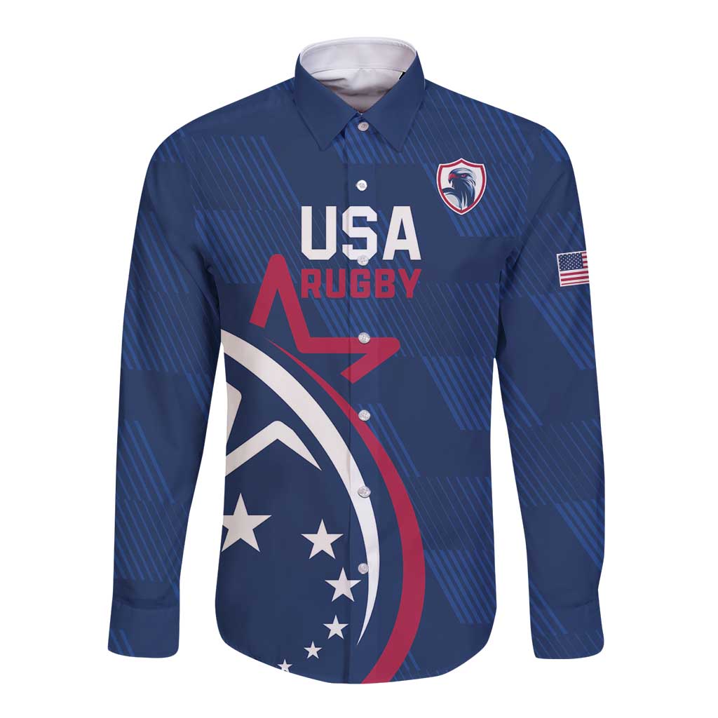 Blue long-sleeve rugby button shirt with USA Rugby logo, shield badge, and flag patch
