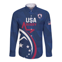 Blue long-sleeve rugby button shirt with USA Rugby logo, shield badge, and flag patch
