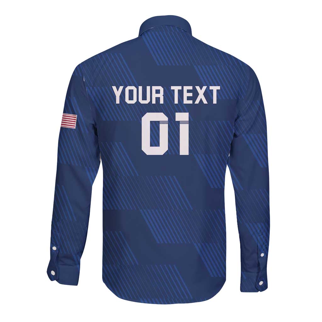 Blue long-sleeve rugby button shirt with graphic back print and USA flag patch