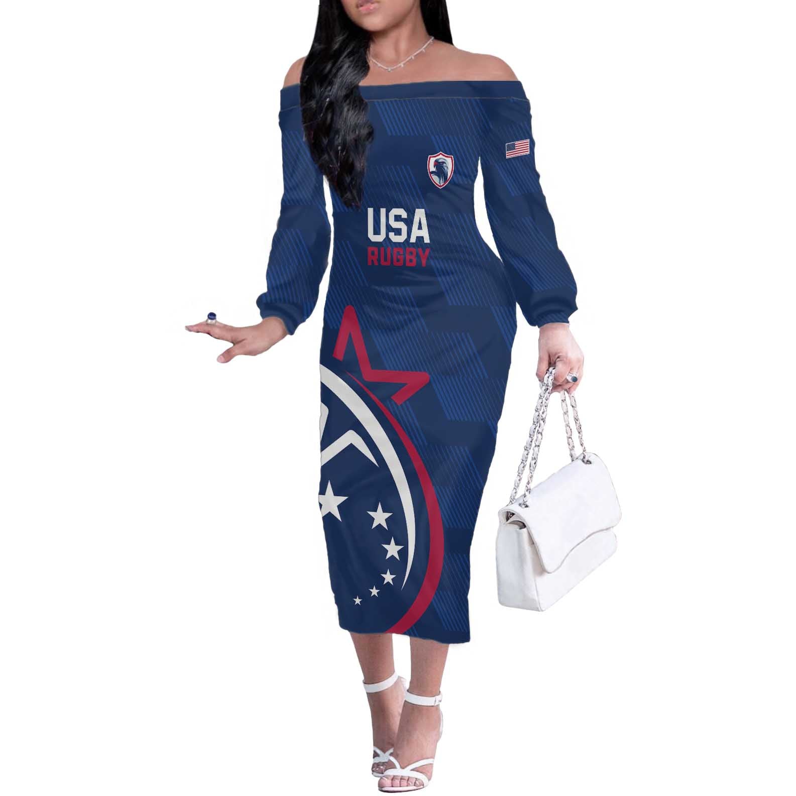 USA 2024 Rugby Off The Shoulder Long Sleeve Dress Soar Like an Eagle Blue Version - Wonder Print Shop