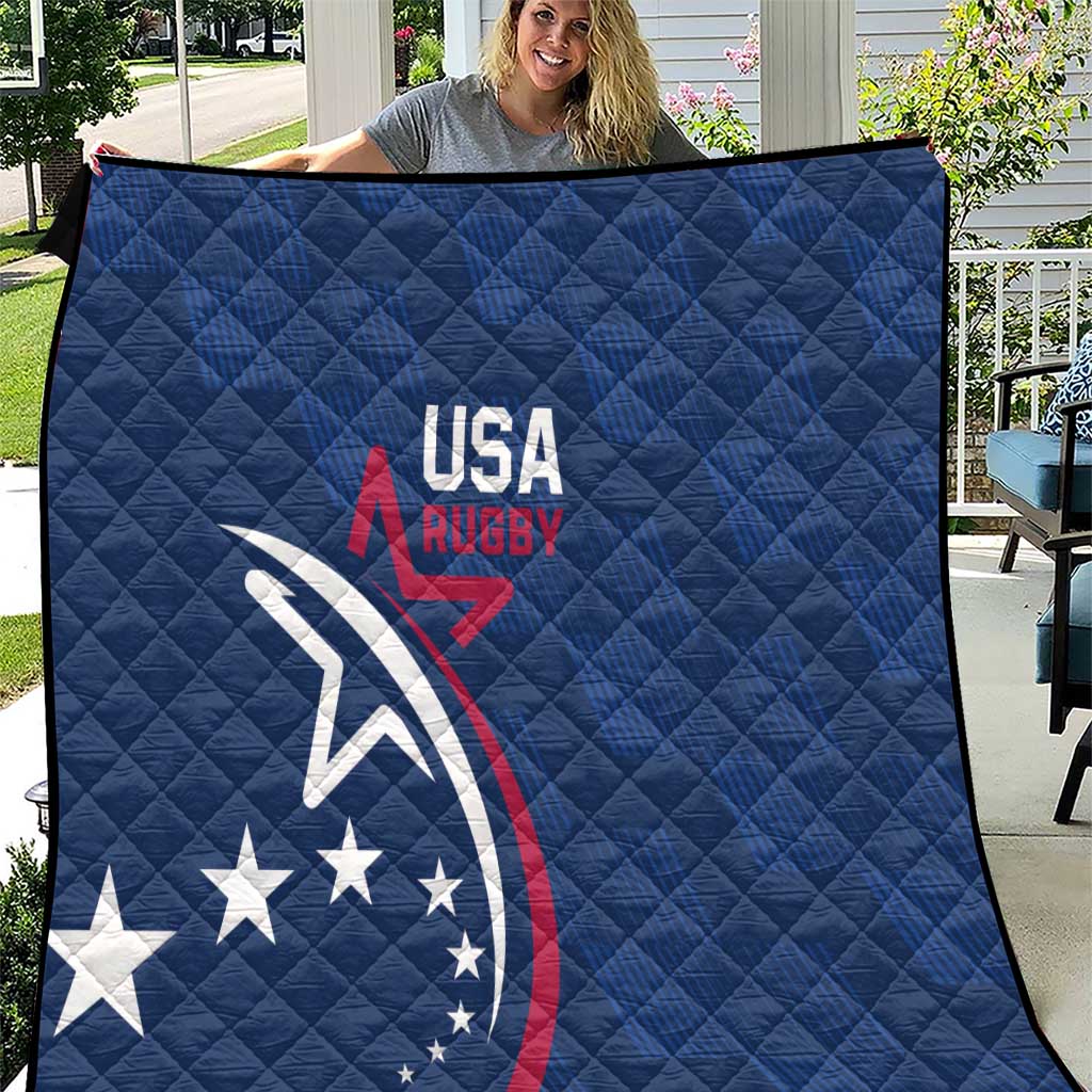 Blue USA Rugby quilt close view, quilted front with USA Rugby logo and eagle graphic