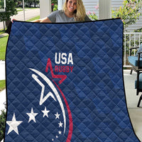 Blue USA Rugby quilt close view, quilted front with USA Rugby logo and eagle graphic