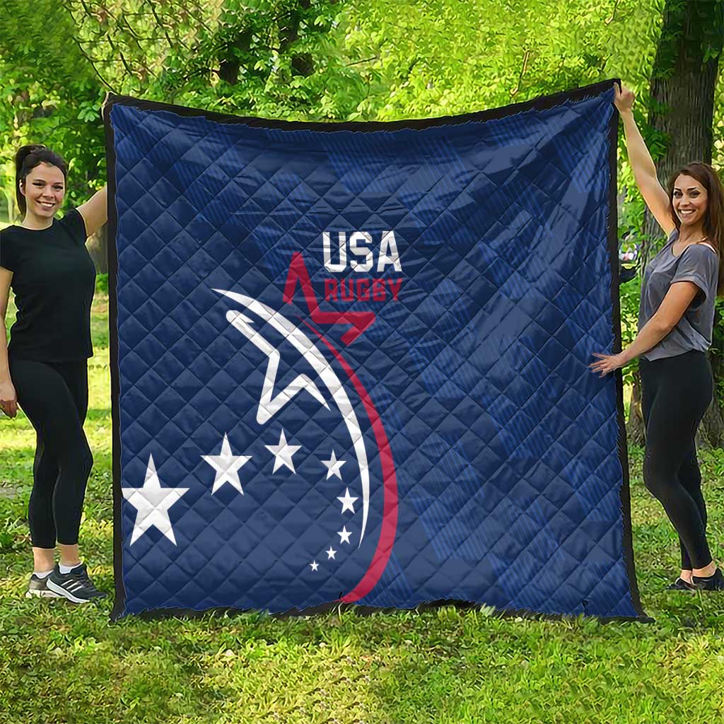 Blue USA Rugby quilt with quilted pattern and eagle graphic, large rectangular throw