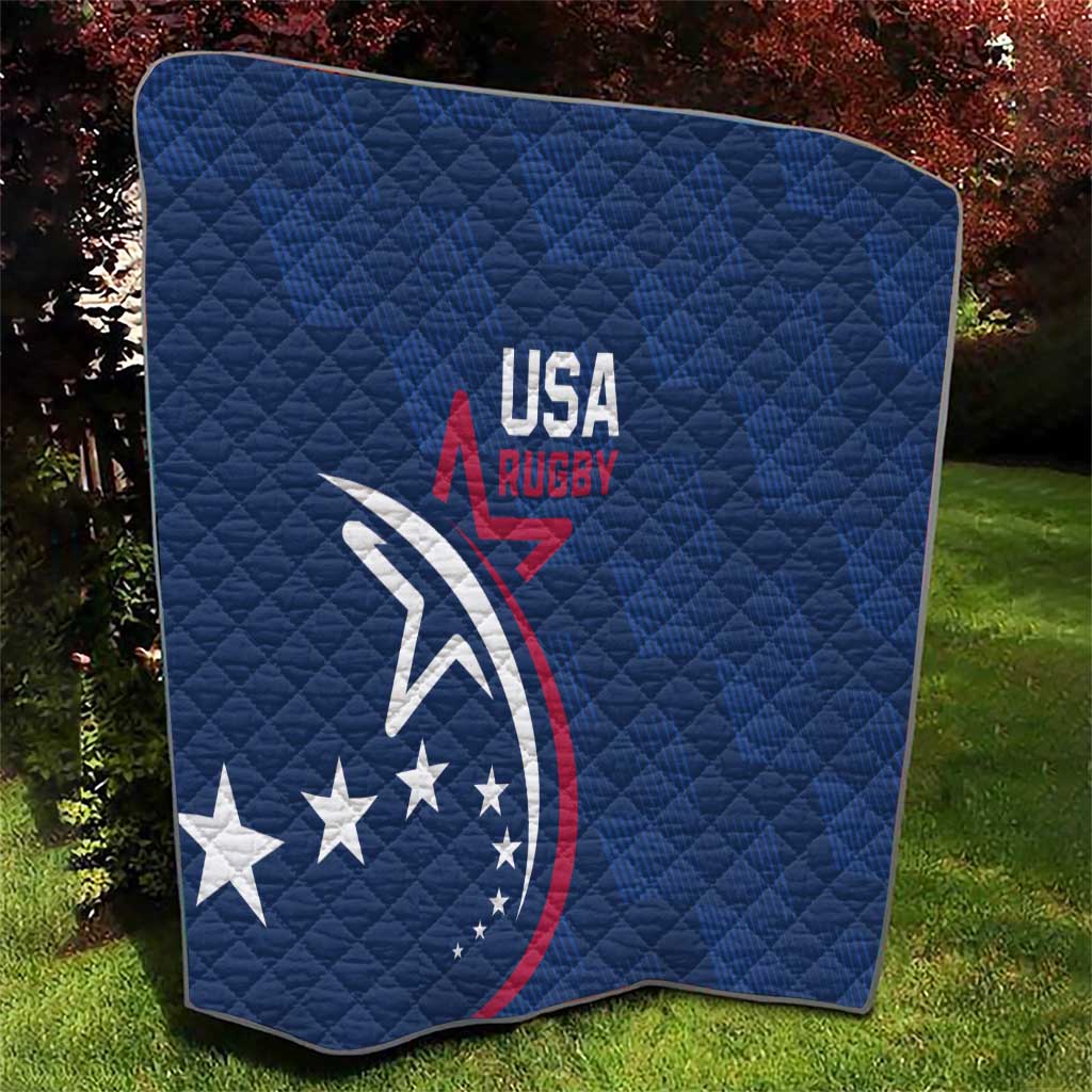 Blue USA Rugby quilt, quilted fabric with USA Rugby and eagle emblem on front