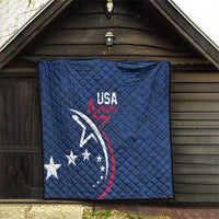 Blue USA Rugby quilt hanging indoors, diamond quilting with USA Rugby emblem