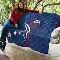 Blue USA Rugby quilt held outdoors, quilted throw with eagle and USA Rugby text