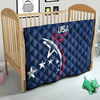 Blue USA Rugby quilt on baby bed, diamond quilting with USA Rugby and eagle graphic