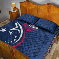 Blue USA Rugby quilt bed set with wing emblem, red accents, and two dark-edge pillows
