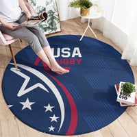 Round blue USA Rugby rug with large star-and-eagle emblem, angled view