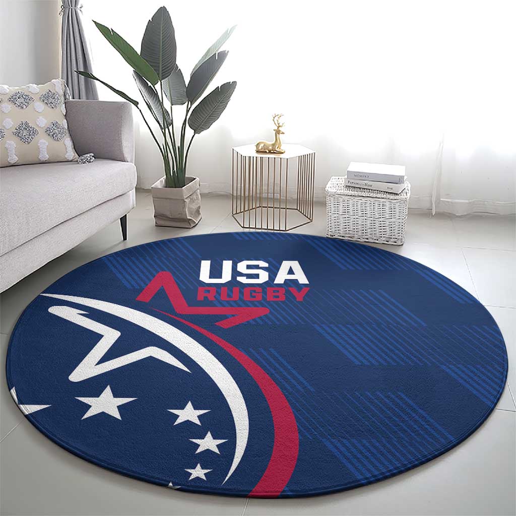 Round blue USA Rugby rug with USA Rugby logo and star-and-eagle emblem