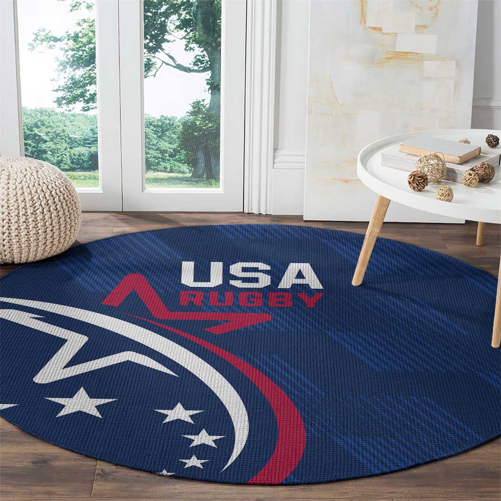 Round blue USA Rugby rug with USA Rugby text and star-and-eagle graphic