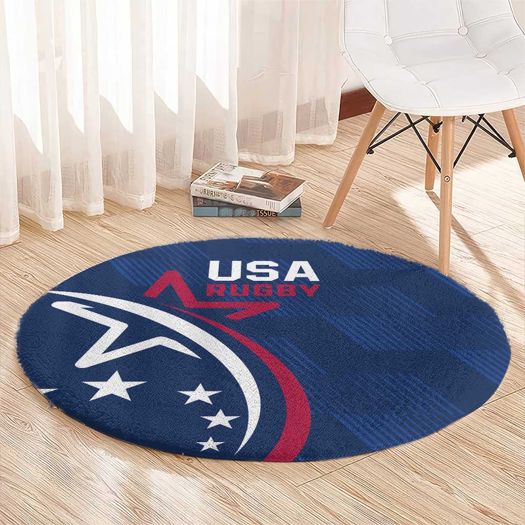 Round blue USA Rugby area rug with centered star-and-eagle emblem on circle