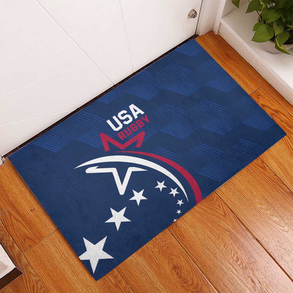 Blue rubber doormat with USA Rugby crest and red/white eagle graphics